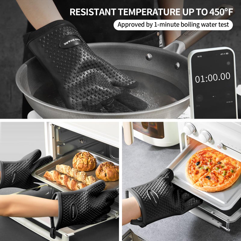 MAD SHARK Silicone Oven Mitts Heat Resistant 450 Degrees,Waterproof & Non-Slip Oven Gloves with Fingers,Cotton Lined Silicone Oven Gloves Kitchen Mitts for Baking Cooking Barbecue,Women,Oven(Black) - Image 2