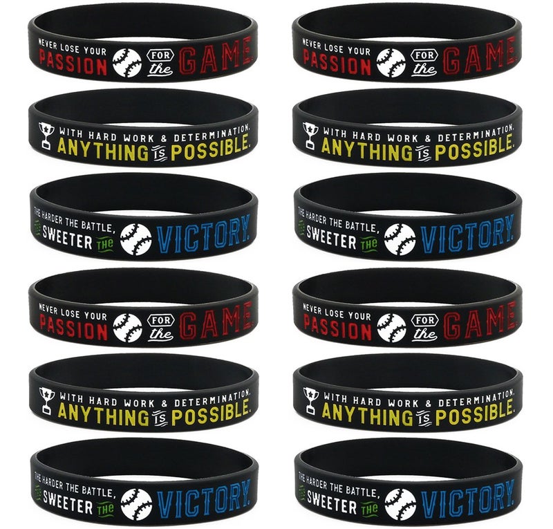 Inkstone (12-pack Baseball Motivational Silicone Bracelets - Wholesale Bulk Jewelry, Sports Gifts, Party Favors and Supplies, Baseball Bracelets for Boys - Image 1