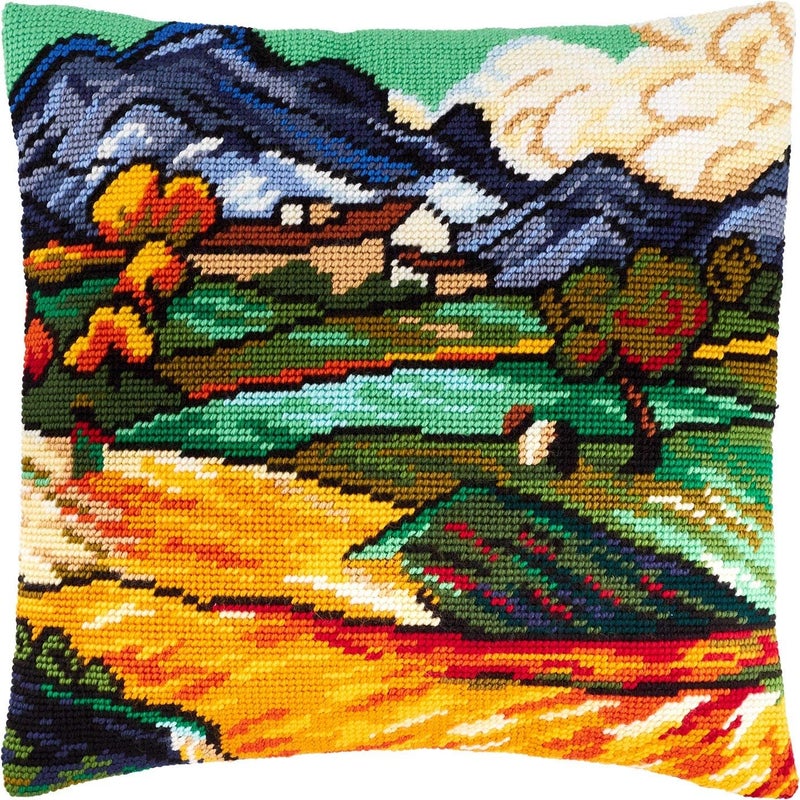 Brvsk Landscape Embroidery Kit for Adults and Beginners — Mount Gaussier and Farm Saint Paul by Vincent van Gogh 16″ × 16″ with Clear, Precise Printed Design on Cotton Canvas; Includes Needles and Yarn - Image 1