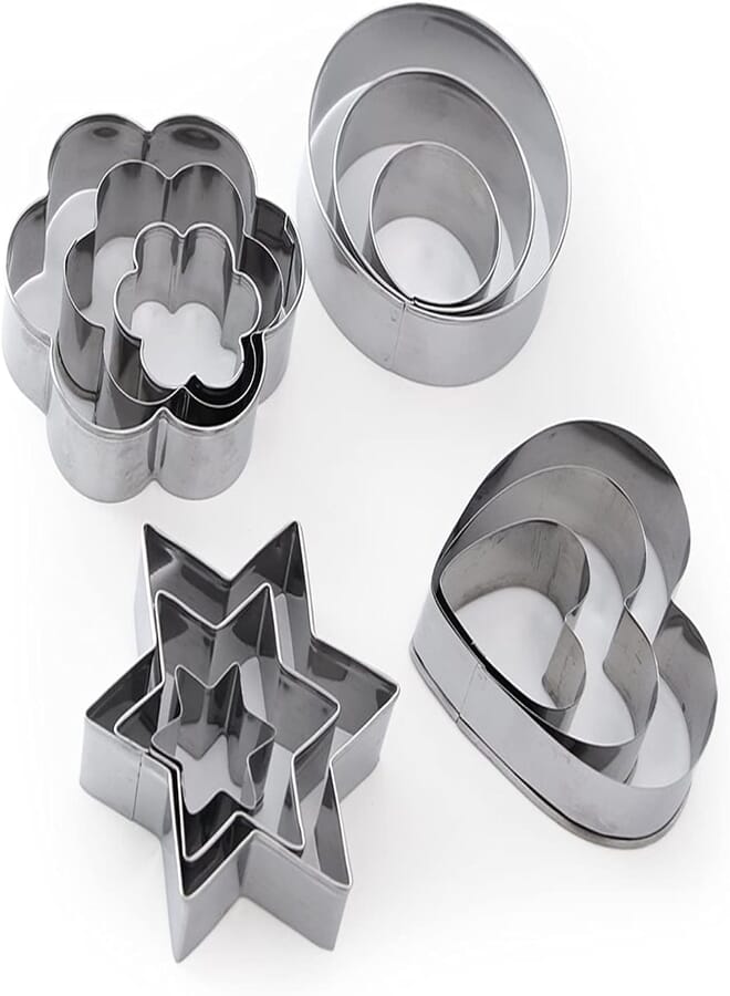 12PCS Stainless Steel Cookie Cutters Cooking Molds with Four Shapes Round, Flower,Heart,Star Cake Pastry Icing Biscuit Cutters