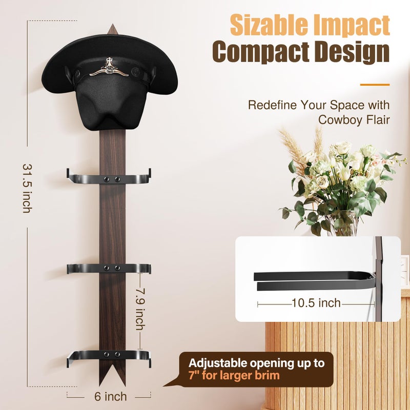 Cinati Cowboy Hat Rack Wall Mount - Wooden Western Rustic Metal Hanger With Arrow Sign Board - Holds up to 4 Hats, Fedora, Sun Hats (1 Pack) - Image 4