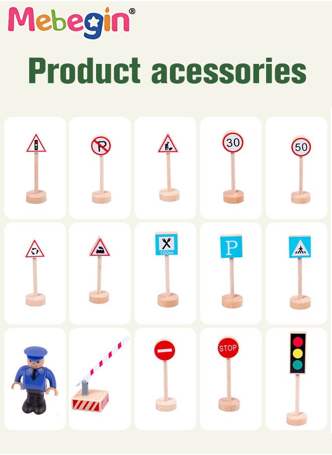 MEBEGIN 15PCS Wood Traffic Road Signs Playset with Rich Accessaries, Full Road Signs Toy, Mini Traffic Sign Set, Educational Playset Pieces for Kids, Easy for Kids to Remember All Traffic Signs  - Image 4