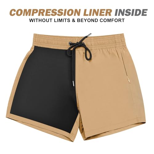 BRISIRA Mens Swim Trunks Swim Shorts Quick Dry 5 inch Inseam Beach Shorts with Compression Liner and Zipper Pocket Khaki - Image 2