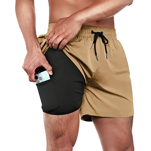 BRISIRA Mens Swim Trunks Swim Shorts Quick Dry 5 inch Inseam Beach Shorts with Compression Liner and Zipper Pocket Khaki - Image 1