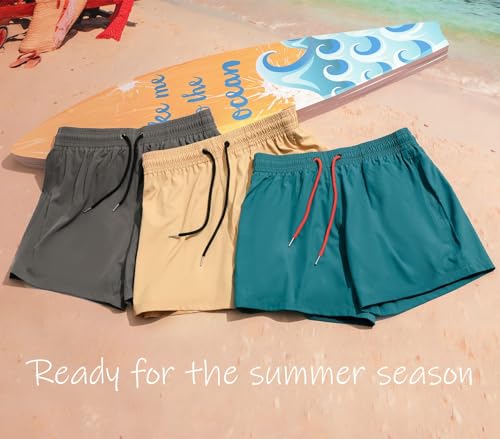 BRISIRA Mens Swim Trunks Swim Shorts Quick Dry 5 inch Inseam Beach Shorts with Compression Liner and Zipper Pocket Khaki - Image 3
