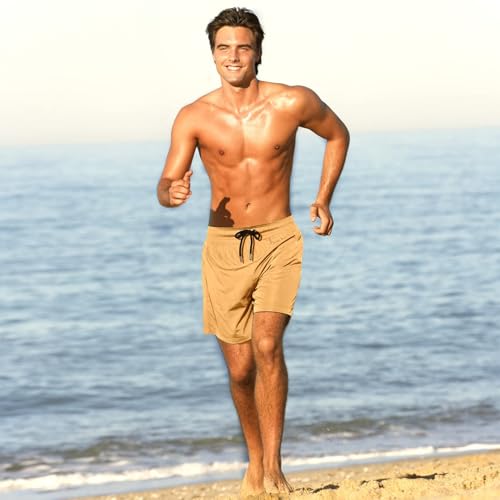 BRISIRA Mens Swim Trunks Swim Shorts Quick Dry 5 inch Inseam Beach Shorts with Compression Liner and Zipper Pocket Khaki - Image 5