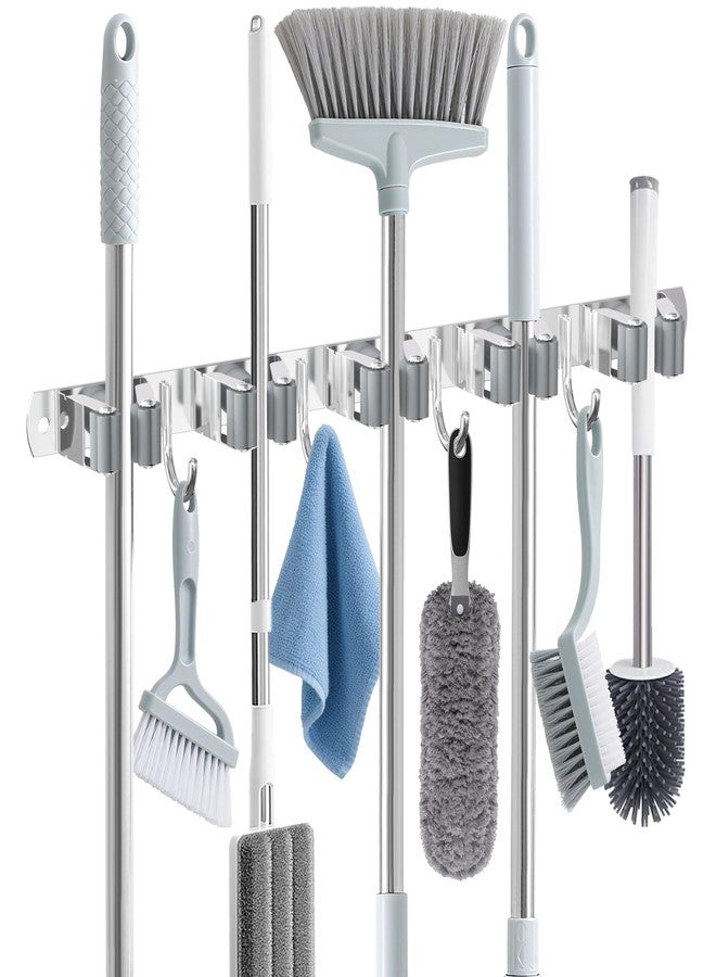 HANZENMA Broom Holder Wall Mount, Broom Organizer Wall Mount Stainless Steel Broom and Mop Hanger Heavy Duty Storage Organization for Home Kitchen Garden Garage Room 5 Racks 4 Hooks - Image 1