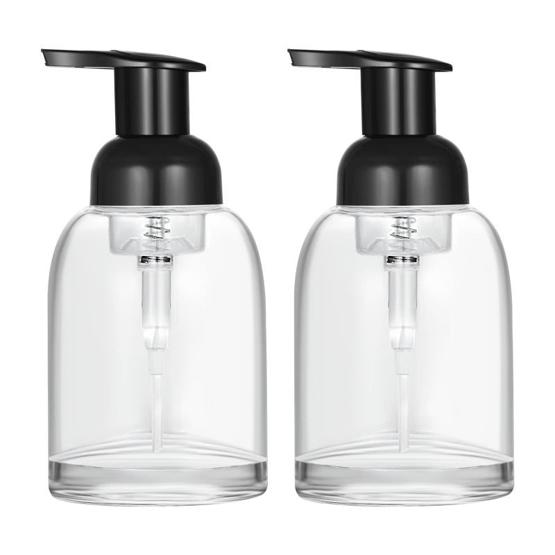 CHBJDAN 2 Pack Thick Clear Glass Jar Soap Dispenser with Foaming Pump 10 Ounce Clear Round Bottles Dispenser with Foaming Pump Black 10oz