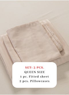 LUNA Home Fitted sheet with elastic corner 160*200 + 30 cm with 2 pillow cases, bedsheet set of 3 piece queen size, beige color.  - Image 2