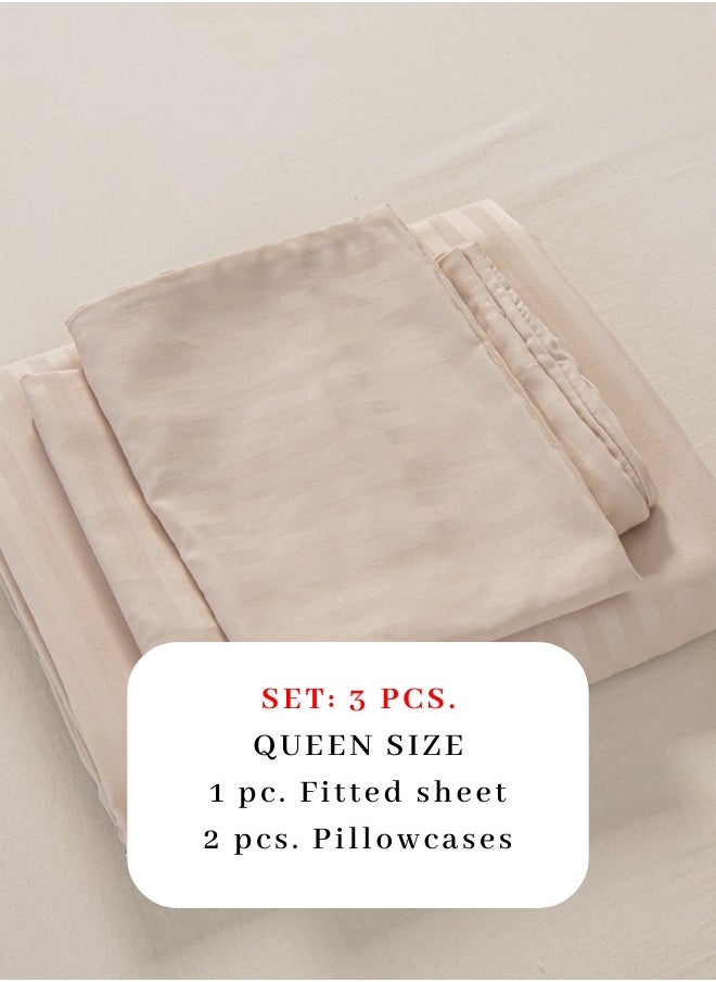 LUNA Home 3 Pcs Queen Size Fitted sheet with elastic corner 160*200 + 30 cm with 2 pillow cases, bedsheet set, beige color.  - Image 2