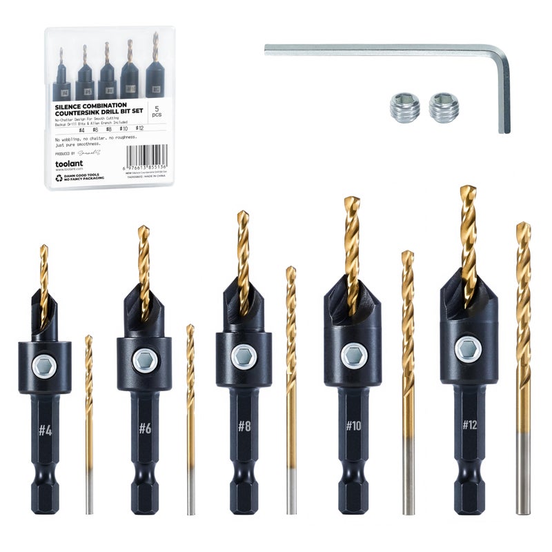 toolant Countersink Drill Bit Set,5Pcs Counter Sink Drill Bit Set for Wood,#4, #6, #8, #10, #12, High-Speed Steel 5 Spare Bits Adjustable for Woodworking and Carpentry, Pilot Screw Hole Set - Image 1