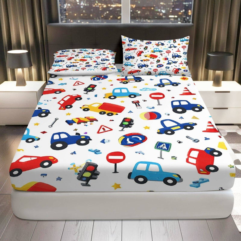 Set Of 3 Car Themed Traffic Signs Bedding Mixed Colors 47.24 By 78.74 Inch Fitted Sheet And Two Pillowcases For Playroom Kids Room Soft Breathable Mattress Protector - Image 1