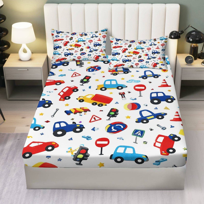 Set Of 3 Car Themed Traffic Signs Bedding Mixed Colors 47.24 By 78.74 Inch Fitted Sheet And Two Pillowcases For Playroom Kids Room Soft Breathable Mattress Protector - Image 4