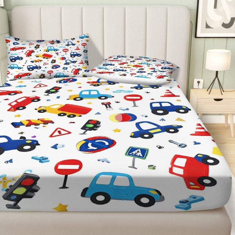 Set Of 3 Car Themed Traffic Signs Bedding Mixed Colors 47.24 By 78.74 Inch Fitted Sheet And Two Pillowcases For Playroom Kids Room Soft Breathable Mattress Protector - Image 3
