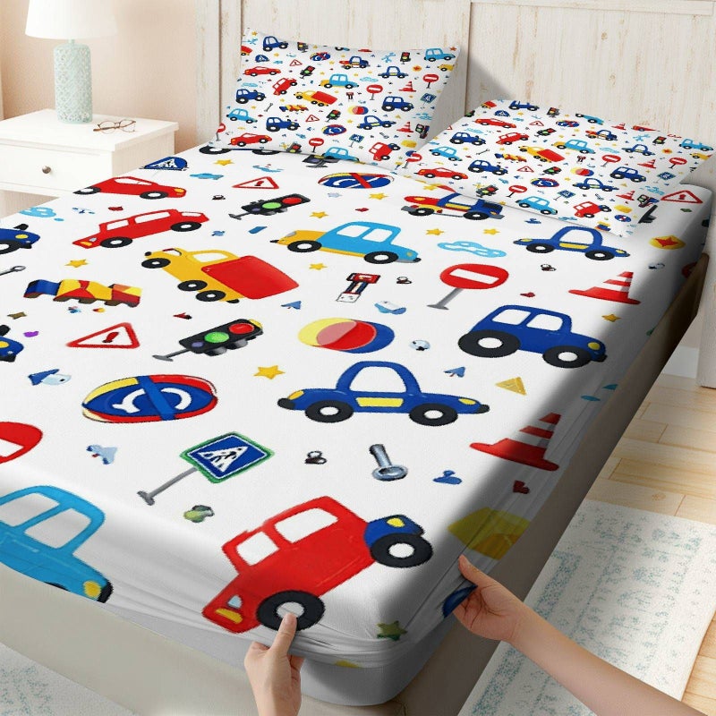 Set Of 3 Car Themed Traffic Signs Bedding Mixed Colors 47.24 By 78.74 Inch Fitted Sheet And Two Pillowcases For Playroom Kids Room Soft Breathable Mattress Protector - Image 2