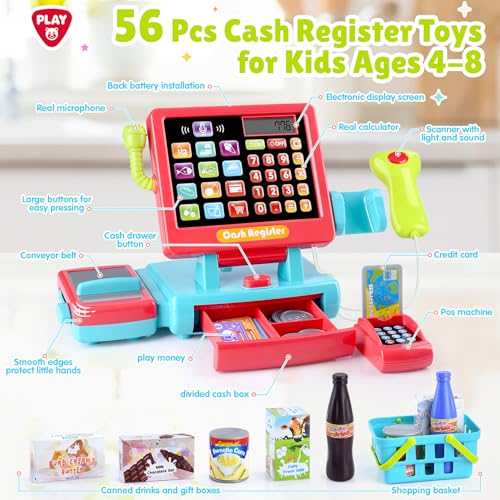 PLAY Kids Cash Register Toy Supermarket with Register Pretend Play Calculator Register Toys with ScannerMicrophoneCredit CardConveyorsCansDrinkPlay Money Cash Register for Kids Ages 3 - Image 5