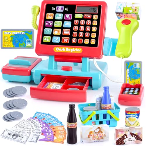 PLAY Kids Cash Register Toy Supermarket with Register Pretend Play Calculator Register Toys with ScannerMicrophoneCredit CardConveyorsCansDrinkPlay Money Cash Register for Kids Ages 3 - Image 1
