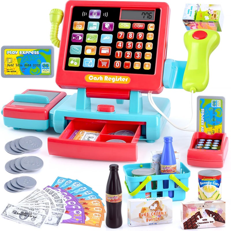 PLAY Kids Cash Register Toy Supermarket with Register Pretend Play Calculator Register Toys with ScannerMicrophoneCredit CardConveyorsCansDrinkPlay Money Cash Register for Kids Ages 3 - Image 3