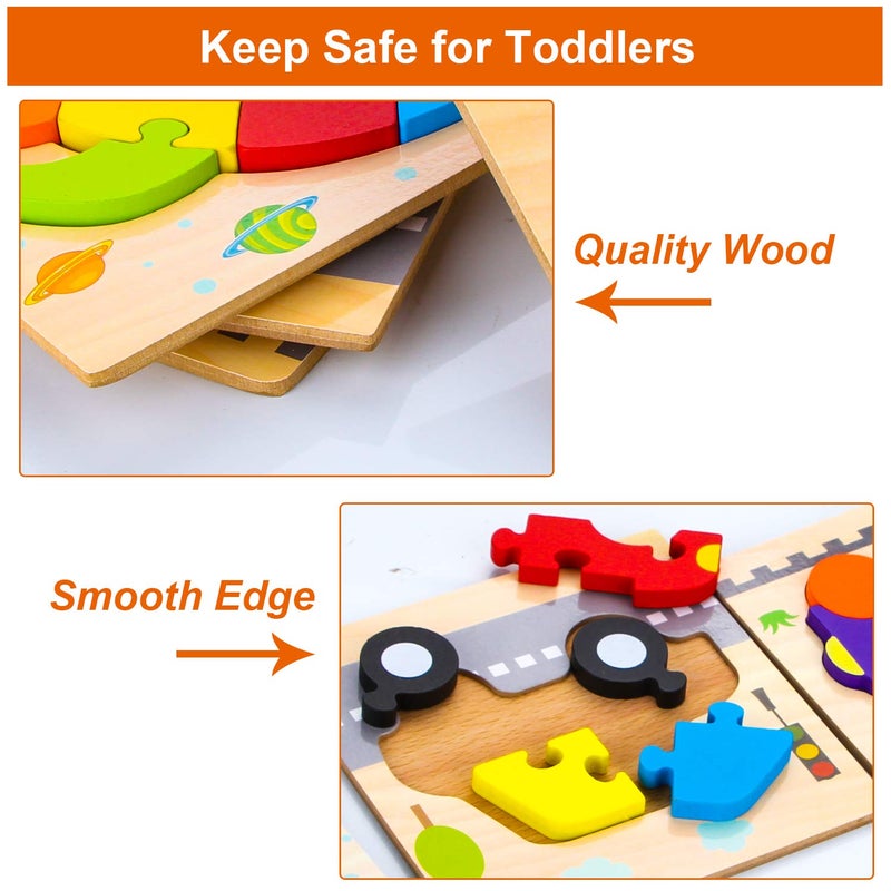 SKYFIELD Wooden Vehicle Puzzles for 1 2 3 Years Old Boys Girls, Toddler Educational Developmental Toys Gift with 6 Vehicle Baby Montessori Color Shapes Learning Puzzles, Great Gift Ideas - Image 2