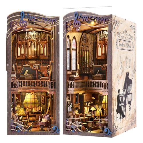 fifijoy Book Nook Kit Music DIY Miniature House Kit Book Nook 3D Wooden Puzzle Bookshelf Insert Diorama Kit with Led Light for Teens and Adults Timeless Melody - Image 1
