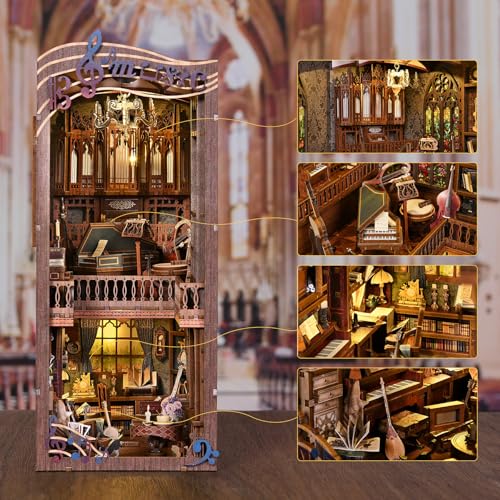 fifijoy Book Nook Kit Music DIY Miniature House Kit Book Nook 3D Wooden Puzzle Bookshelf Insert Diorama Kit with Led Light for Teens and Adults Timeless Melody - Image 5