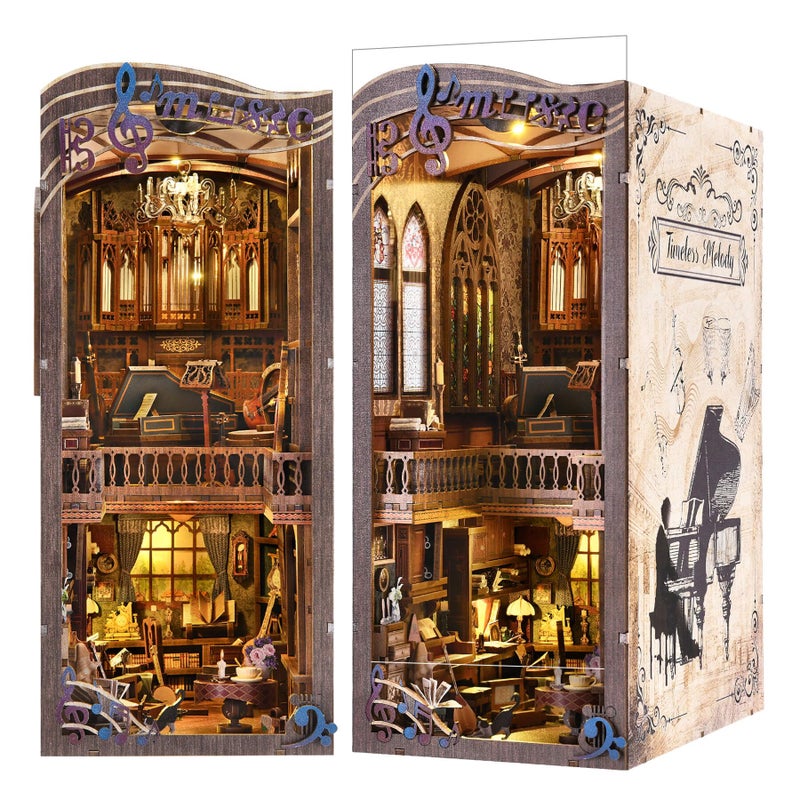 fifijoy Book Nook Kit Music DIY Miniature House Kit Book Nook 3D Wooden Puzzle Bookshelf Insert Diorama Kit with Led Light for Teens and Adults Timeless Melody - Image 3
