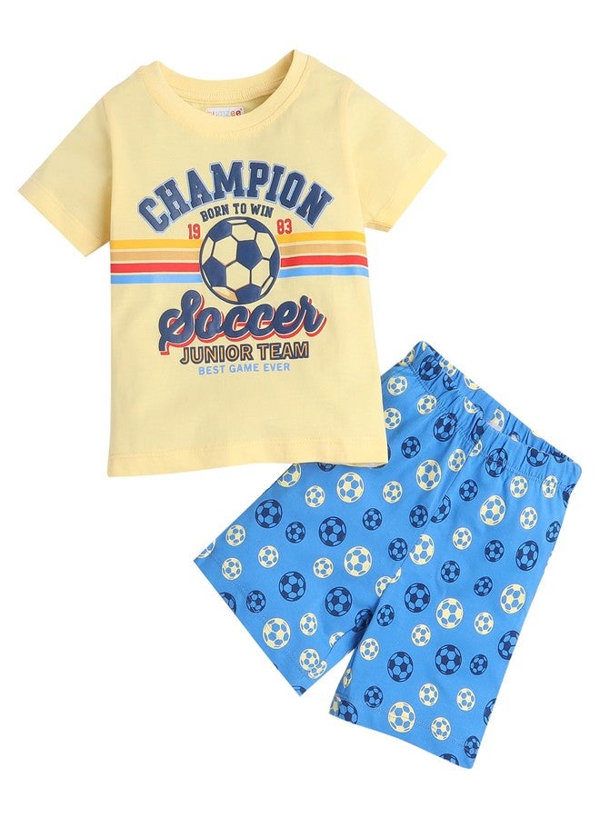 BUMZEE طقم تيشيرت وشورت للأولاد من بامزي باللونين الأزرق والأصفر، نصف كم، مناسب للأعمار من 12 إلى 18 شهرًا (Peb9132D-blu.ylw) - Image 1