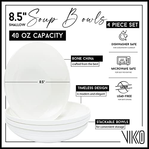 Vikko Pasta Bowls 85 Inch Salad Bowls White Soup Bowls Fine Bone China Pasta Bowls Set of 4 Microwave and Dishwasher Safe - Image 2