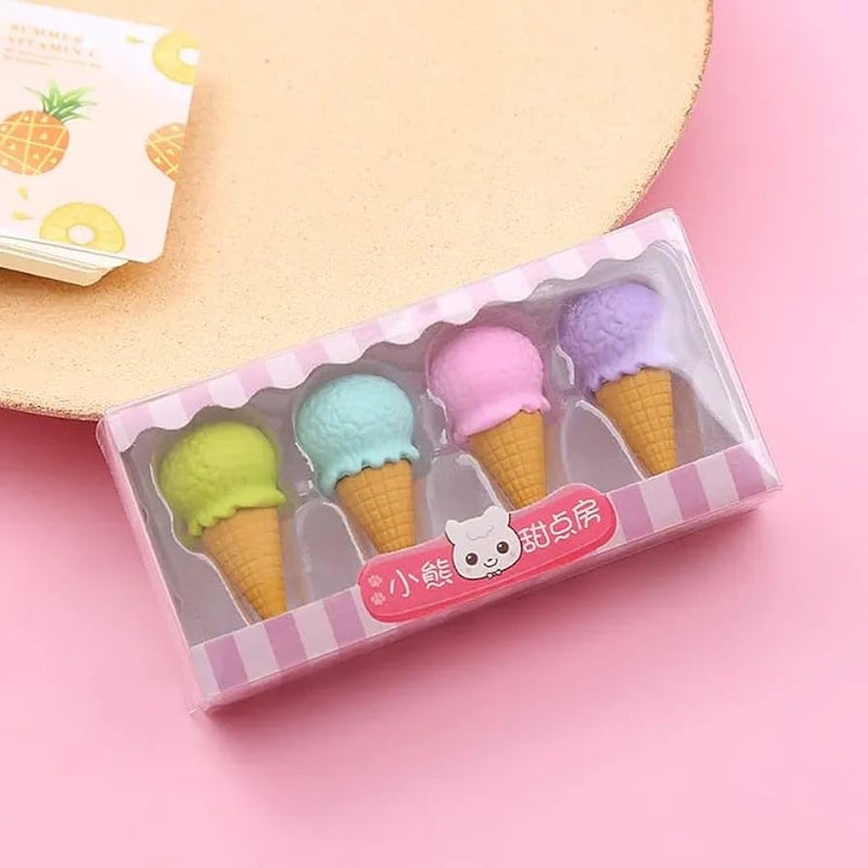 DEOXY Ice Cream Shaped Eraser Set for Kids, Stationary Set, Rubber for Kids, Kawaii Erasers, Fancy for Birthday Return Gift – Pack of 4 (QH-8418) - Image 3
