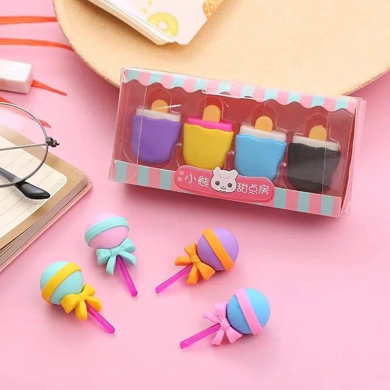 DEOXY Ice Cream Shaped Eraser Set for Kids, Stationary Set, Rubber for Kids, Kawaii Erasers, Fancy for Birthday Return Gift – Pack of 4 (QH-8418) - Image 2