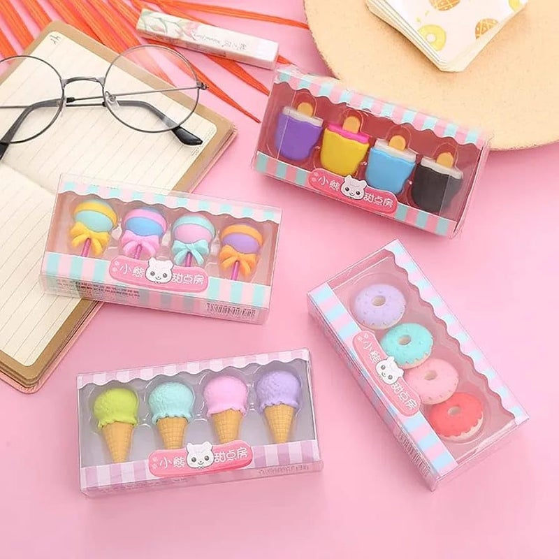 DEOXY Ice Cream Shaped Eraser Set for Kids, Stationary Set, Rubber for Kids, Kawaii Erasers, Fancy for Birthday Return Gift – Pack of 4 (QH-8418) - Image 1