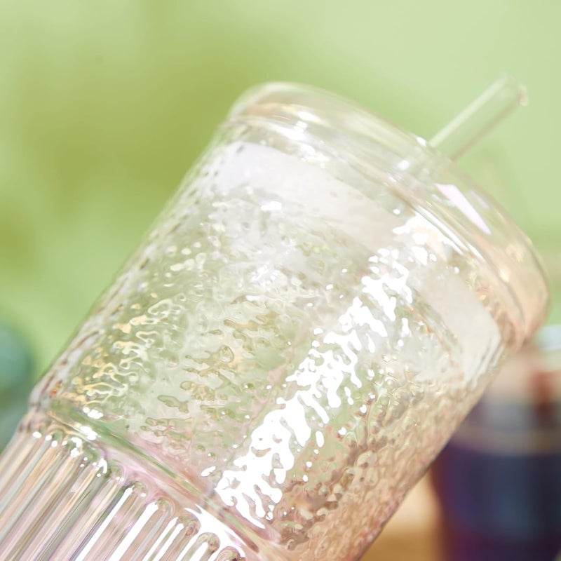 VISMII Glass Cups with Lids and Straws Mason Jar Drinking Glasses Iced Coffee Cup Glass Tumbler Smoothie Cup Long Drinks Cup Pack of 2 - Image 3