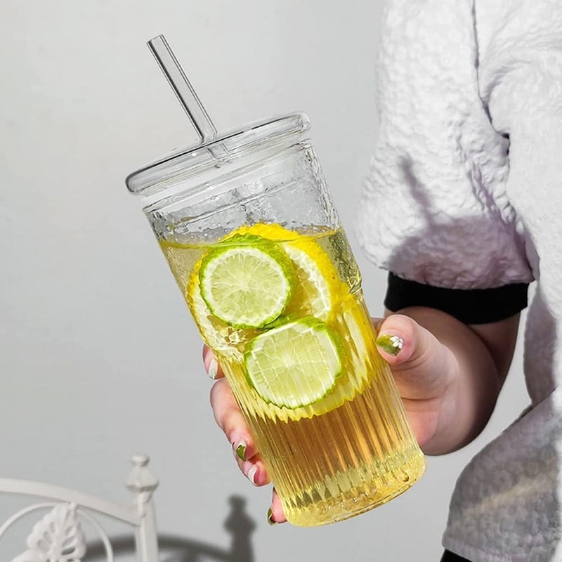VISMII Glass Cups with Lids and Straws Mason Jar Drinking Glasses Iced Coffee Cup Glass Tumbler Smoothie Cup Long Drinks Cup Pack of 2 - Image 4