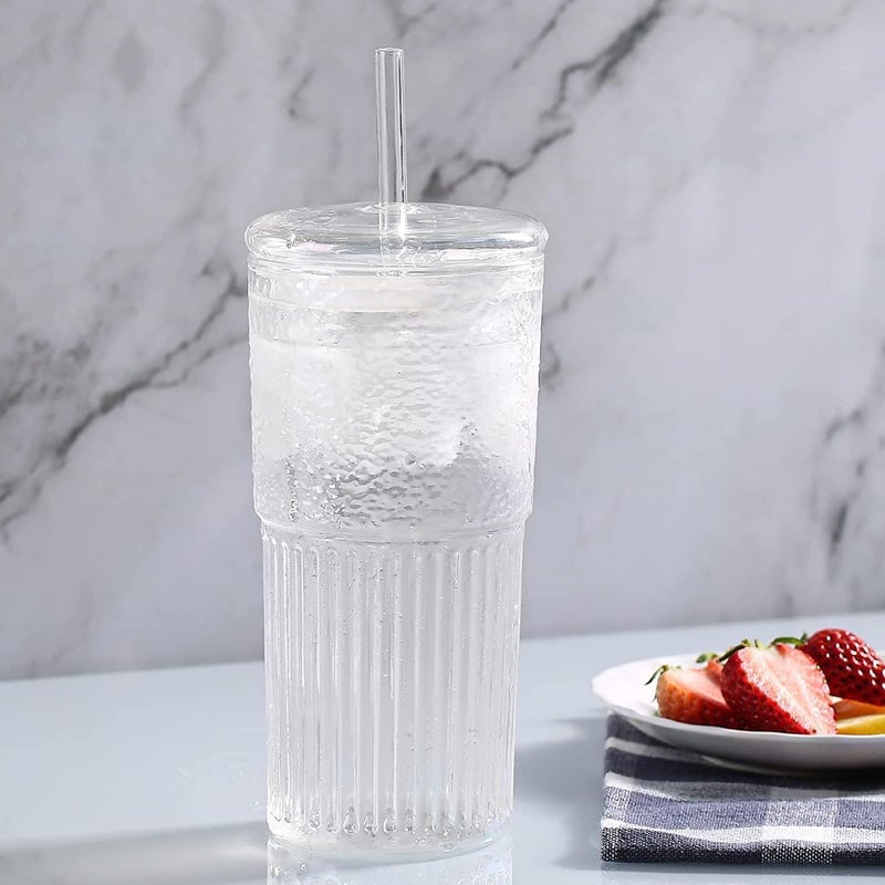 VISMII Glass Cups with Lids and Straws Mason Jar Drinking Glasses Iced Coffee Cup Glass Tumbler Smoothie Cup Long Drinks Cup Pack of 2 - Image 2