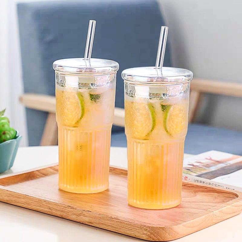 VISMII Glass Cups with Lids and Straws Mason Jar Drinking Glasses Iced Coffee Cup Glass Tumbler Smoothie Cup Long Drinks Cup Pack of 2 - Image 5