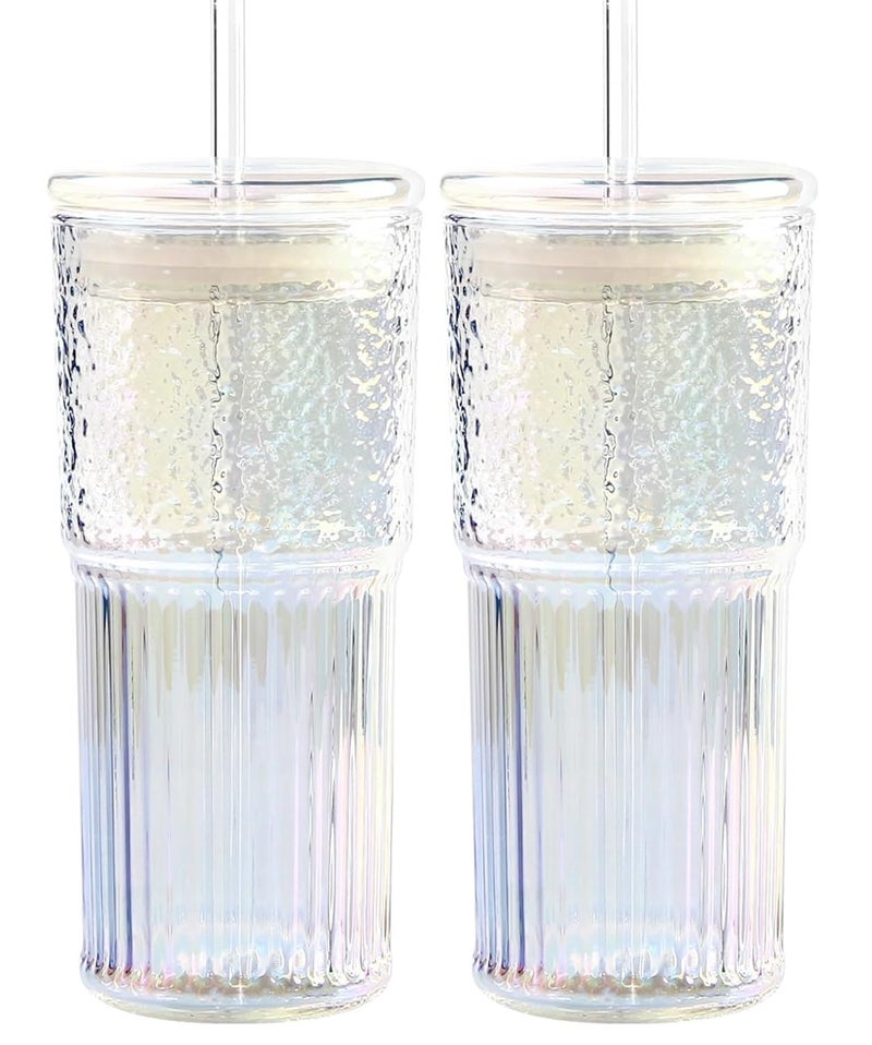 VISMII Glass Cups with Lids and Straws Mason Jar Drinking Glasses Iced Coffee Cup Glass Tumbler Smoothie Cup Long Drinks Cup Pack of 2 - Image 1