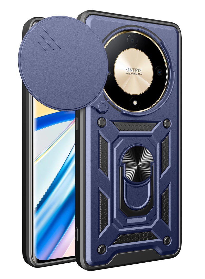 Shunjia Sliding Window Case, Shockproof Rugged Armor with Sliding Camera Cover & 360° Ring Kickstand, Compatible with Honor X9b (Blue)
