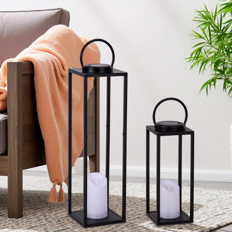 ALL FORTUNE Large Solar Outdoor Lanterns 25 16 Tall Farmhouse Black Metal Waterproof Decorative Lanterns with Solar Candles for Front Porch Patio Christmas Fall Decor Set of 2