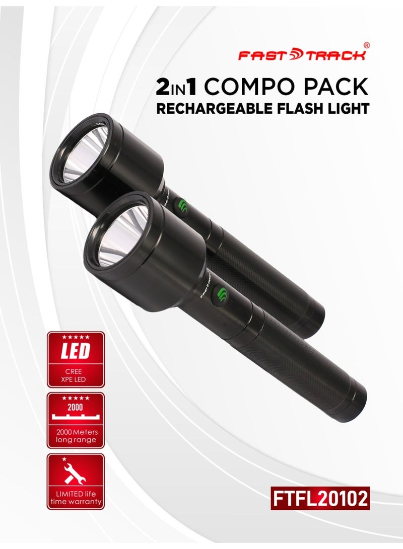 Fast Track 2-in-1 Rechargeable CREE XPE LED Flashlight Combo Pack, 2000m Long Range, Type-C Charging, 4000mAh Li-ion Battery, 2-Hour Working Time, 2-Year Warranty - Image 1
