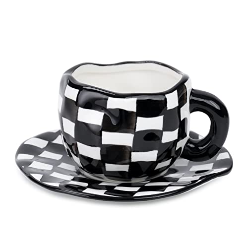 Noviko Checkered Mug Ceramic Checker Tea Cup and Saucer Set 10 oz - Image 1
