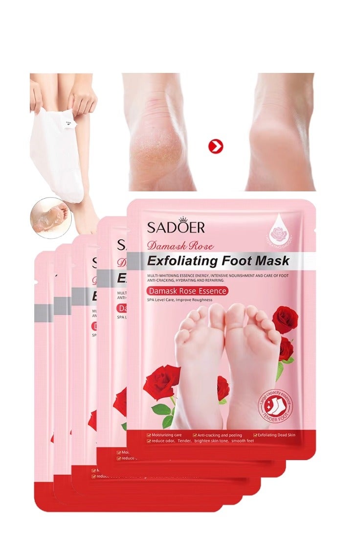 SADOER 5Pcs Exfoliating Foot Mask with Damask Rose Essence Intensive Nourishment Whitening Anti Cracking Peeling Hydrating Repairing Foot Care Mask SPA Level Feet Care Improve Roughness - Image 1