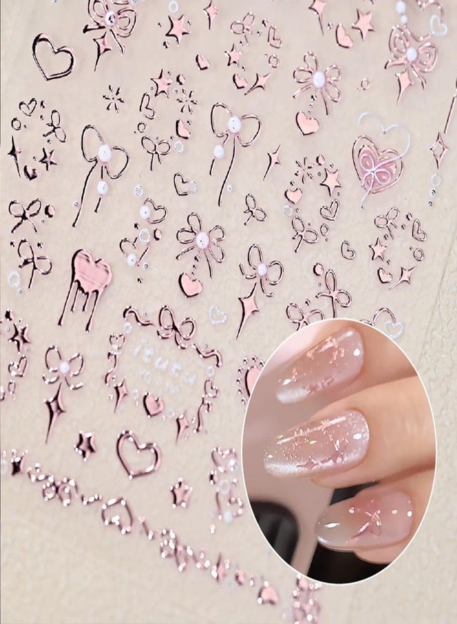 KRTBKR Valentines 5D Embossed Nail Art Stickers Rose Gold Heart Nail Decals Self Adhesive Bronzing Cute Bow Nail Stickers Valentine's Day Pink Nail Design Stickers Star Nail Art Supplies for Women Manicure - Image 3