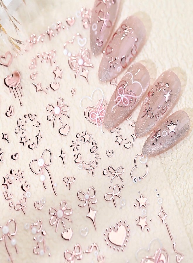 KRTBKR Valentines 5D Embossed Nail Art Stickers Rose Gold Heart Nail Decals Self Adhesive Bronzing Cute Bow Nail Stickers Valentine's Day Pink Nail Design Stickers Star Nail Art Supplies for Women Manicure - Image 1