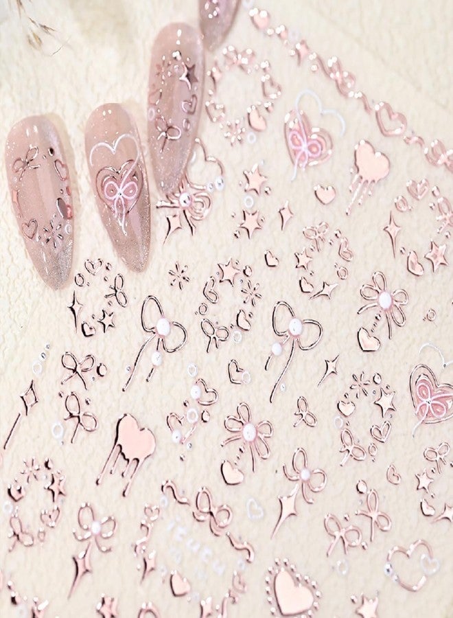 KRTBKR Valentines 5D Embossed Nail Art Stickers Rose Gold Heart Nail Decals Self Adhesive Bronzing Cute Bow Nail Stickers Valentine's Day Pink Nail Design Stickers Star Nail Art Supplies for Women Manicure - Image 5