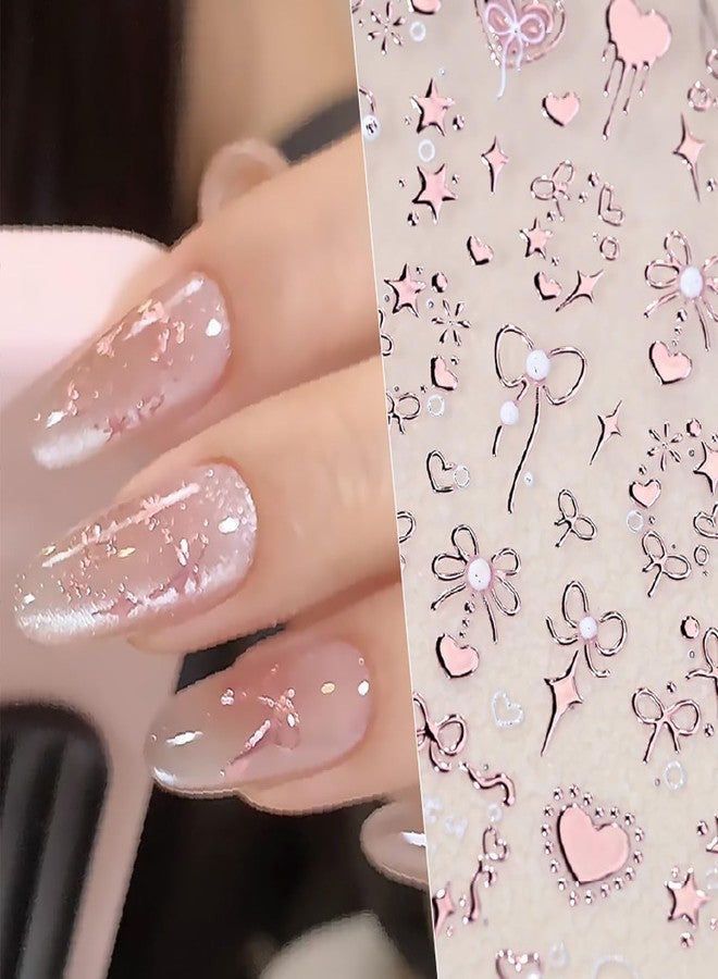 KRTBKR Valentines 5D Embossed Nail Art Stickers Rose Gold Heart Nail Decals Self Adhesive Bronzing Cute Bow Nail Stickers Valentine's Day Pink Nail Design Stickers Star Nail Art Supplies for Women Manicure - Image 2