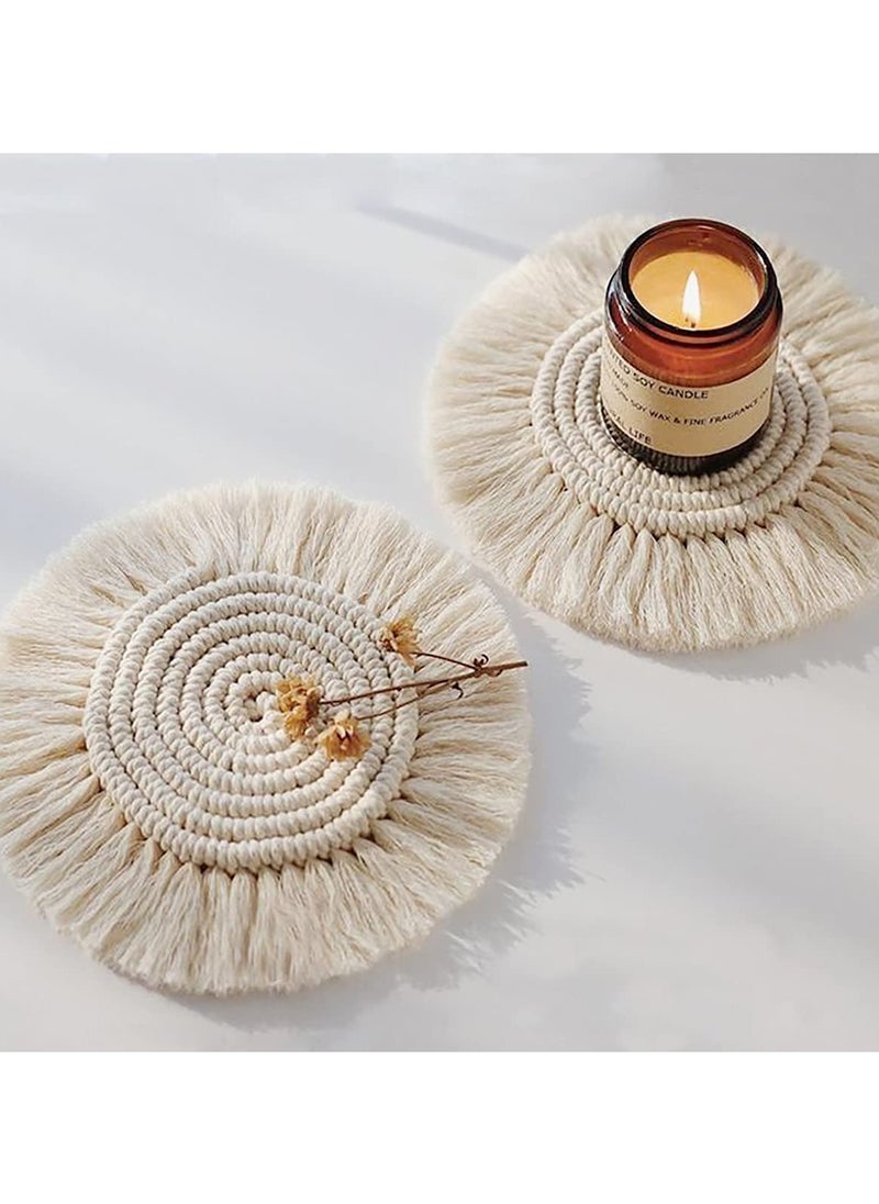 KASTWAVE - Coasters, with Tassels, for Drinks cup, Absorbent Woven Handmade Bohemian, Coffee Aromatherapy Decor Heat Protection Mat, for Home, Office, Coffee Wooden Table, Table Decor (Cream 2Pcs) - Image 1