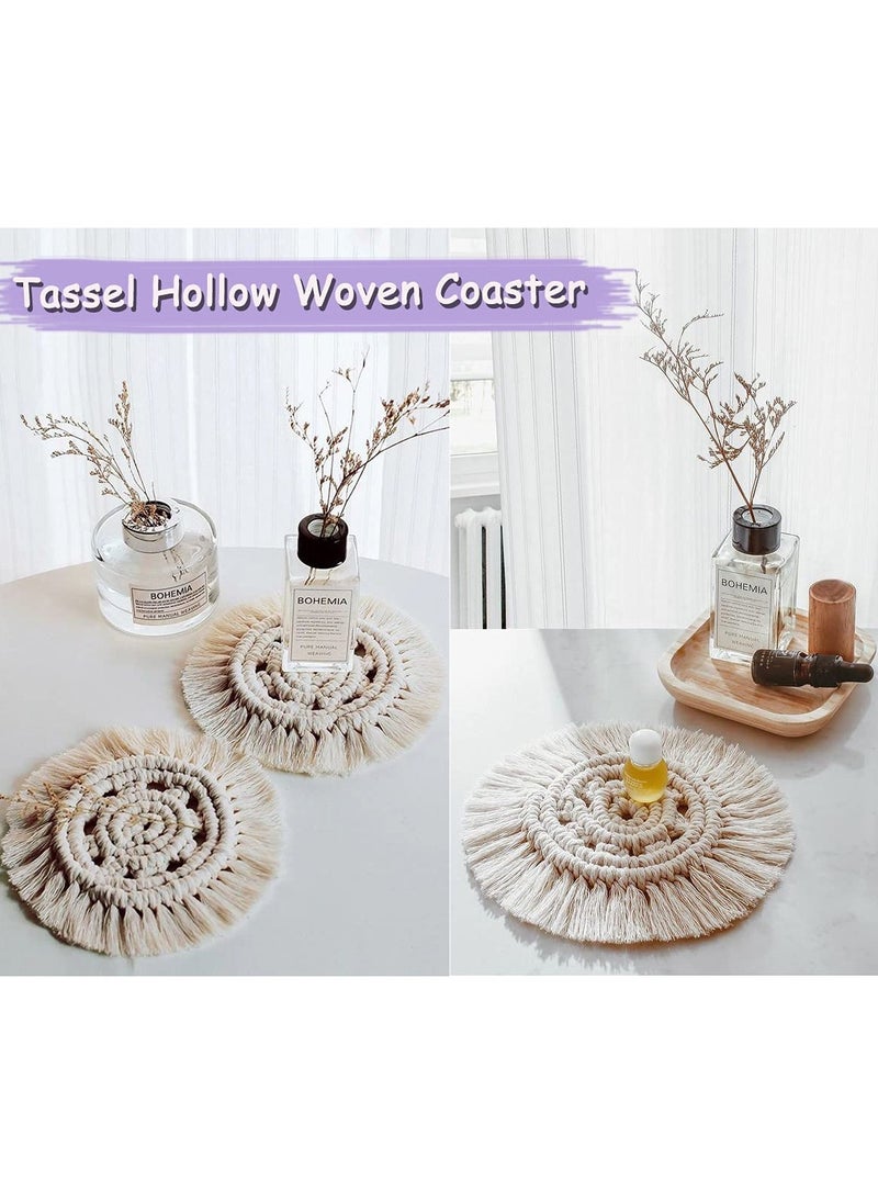 KASTWAVE - Coasters, with Tassels, for Drinks cup, Absorbent Woven Handmade Bohemian, Coffee Aromatherapy Decor Heat Protection Mat, for Home, Office, Coffee Wooden Table, Table Decor (Cream 2Pcs) - Image 1