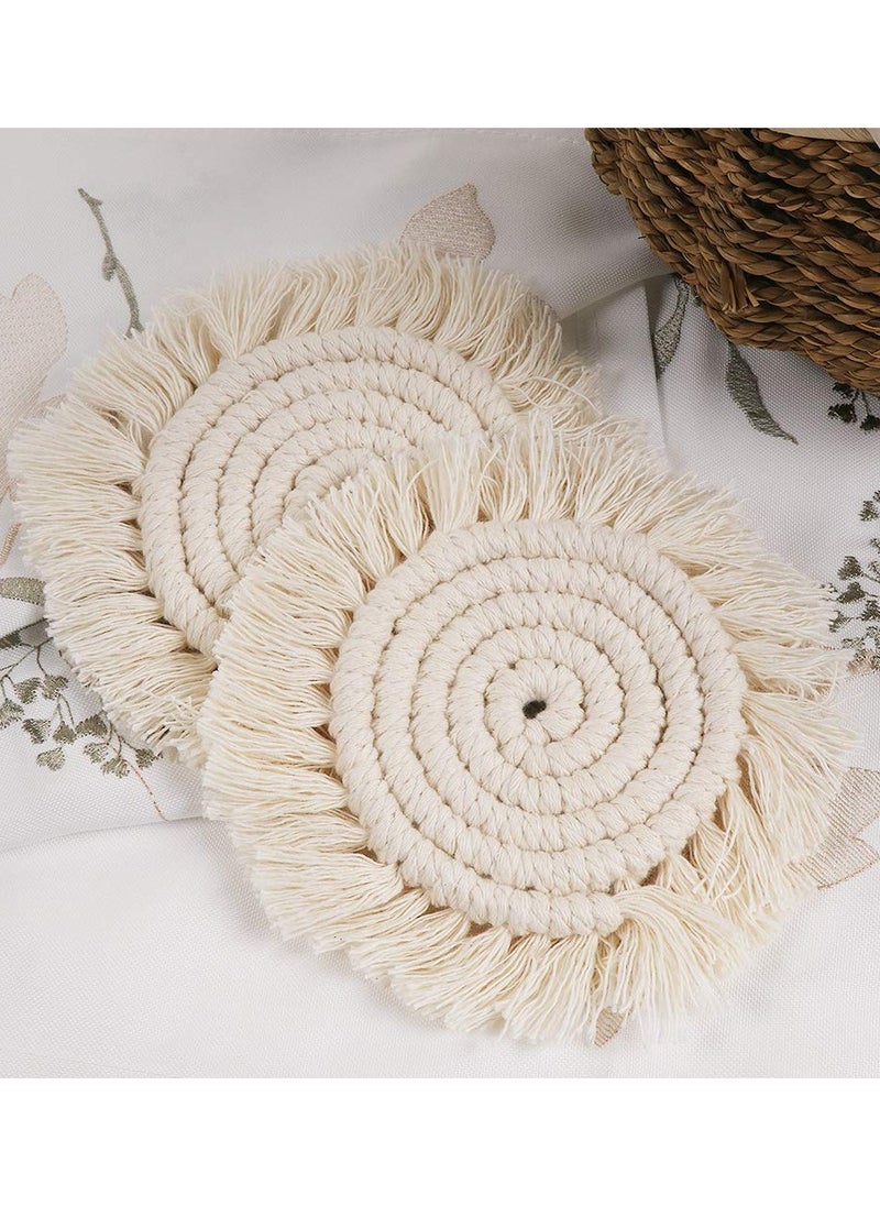 KASTWAVE - Coasters, with Tassels, for Drinks cup, Absorbent Woven Handmade Bohemian, Coffee Aromatherapy Decor Heat Protection Mat, for Home, Office, Coffee Wooden Table, Table Decor (Cream 2Pcs) - Image 1