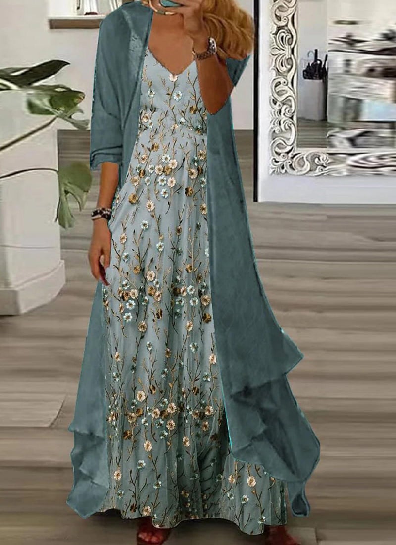 LOZ 2 Piece Sets for Women Summer Maxi Dresses Sleeveless Spaghetti Strap Floral Dresses with Sheer Cardigan Matching Sets - Image 2