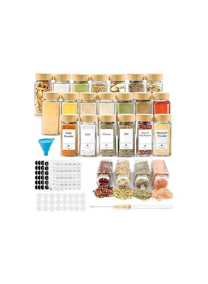Thokono Spice Jars Square 24 Pieces with Bamboo Lid 120 ml, 10.5 x 4.5 cm Spice Jars Set with Screw Cap, Spice Shaker Glass with Shaker Insert, Spice Container Spice Storage Spice Jars - Image 1